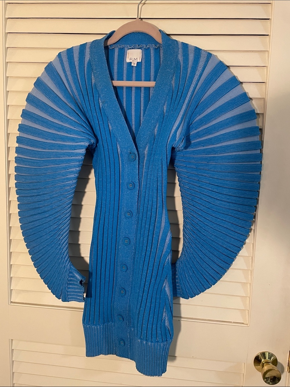 Fumi Electric Blue Sculpted
Rib Arch Sleeve Button-Front Dress Jacket Sweater